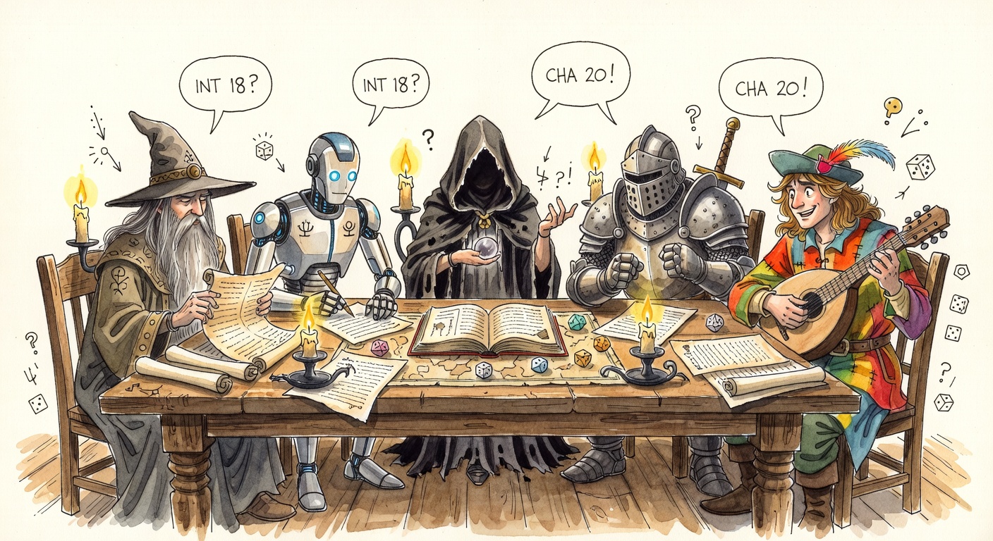 A motley group of LLM-themed fantasy characters arguing over a D&D rulebook at a tavern table.