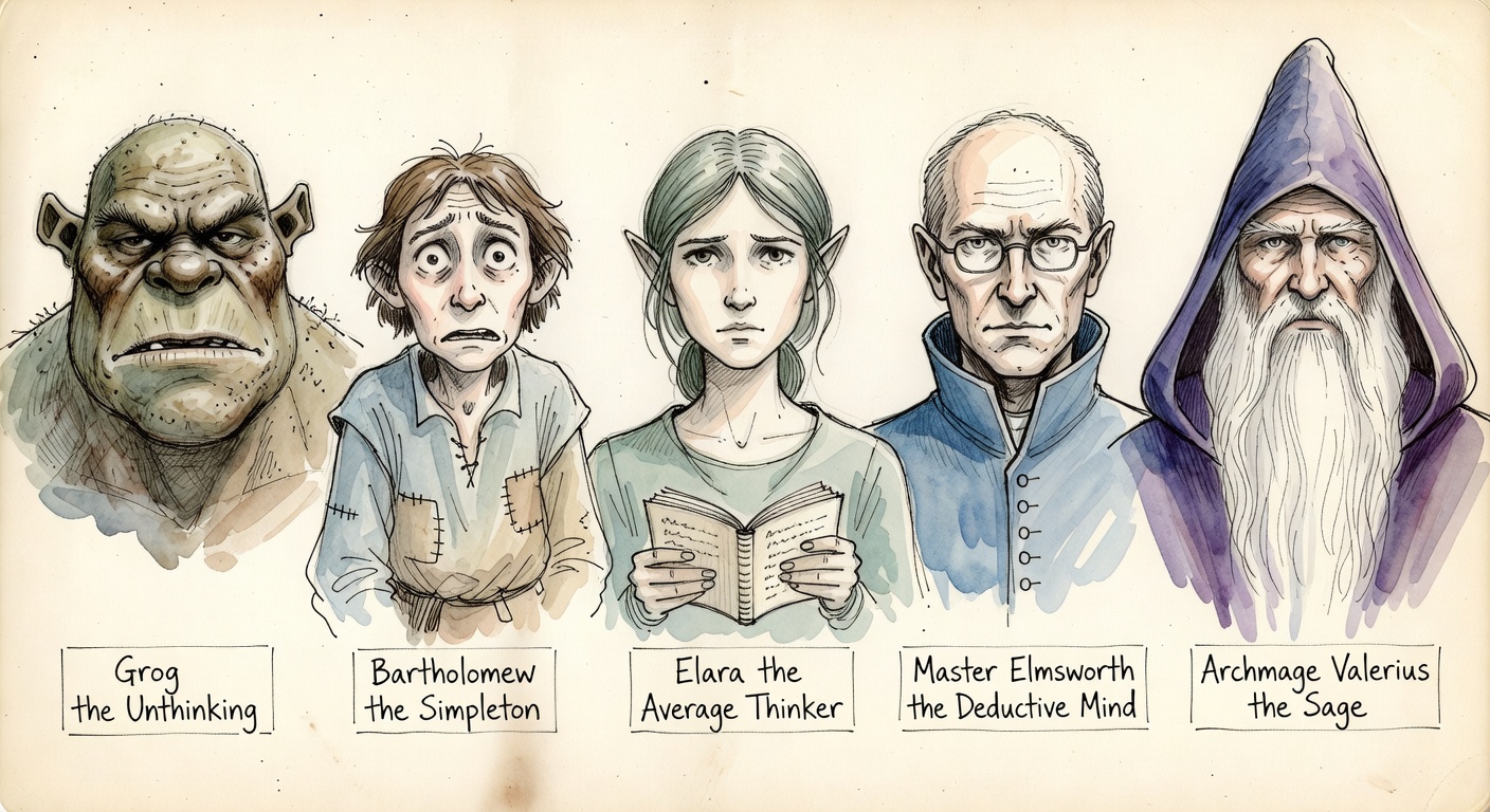A horizontal lineup of fantasy character portraits: Grog the Unthinking, Bartholomew the Simpleton, Elara the Average Thinker, Master Elmsworth, Archmage Valerius.