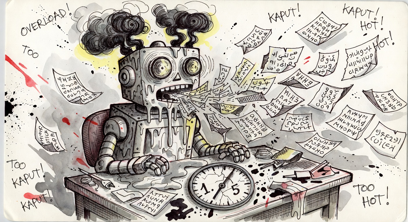A boxy retro robot melting at a desk, paper scraps full of unreadable foreign-character glyphs flying everywhere, the temperature dial cracked at 1.5.