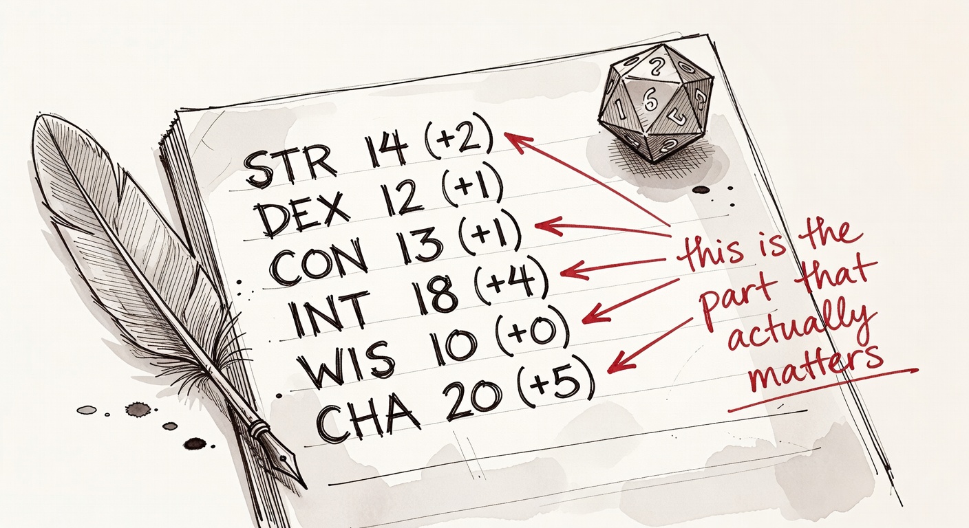 A close-up of a hand-drawn D&D character sheet showing INT 18 (+4) and CHA 20 (+5) modifier math, with a 20-sided die.