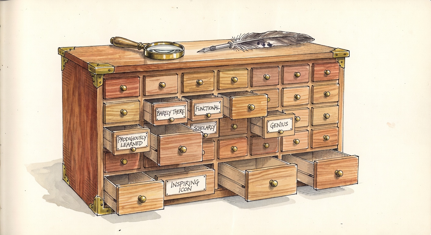 A wooden library card catalog with drawers labeled BARELY THERE, FUNCTIONAL, SCHOLARLY, GENIUS, PRODIGIOUSLY LEARNED.