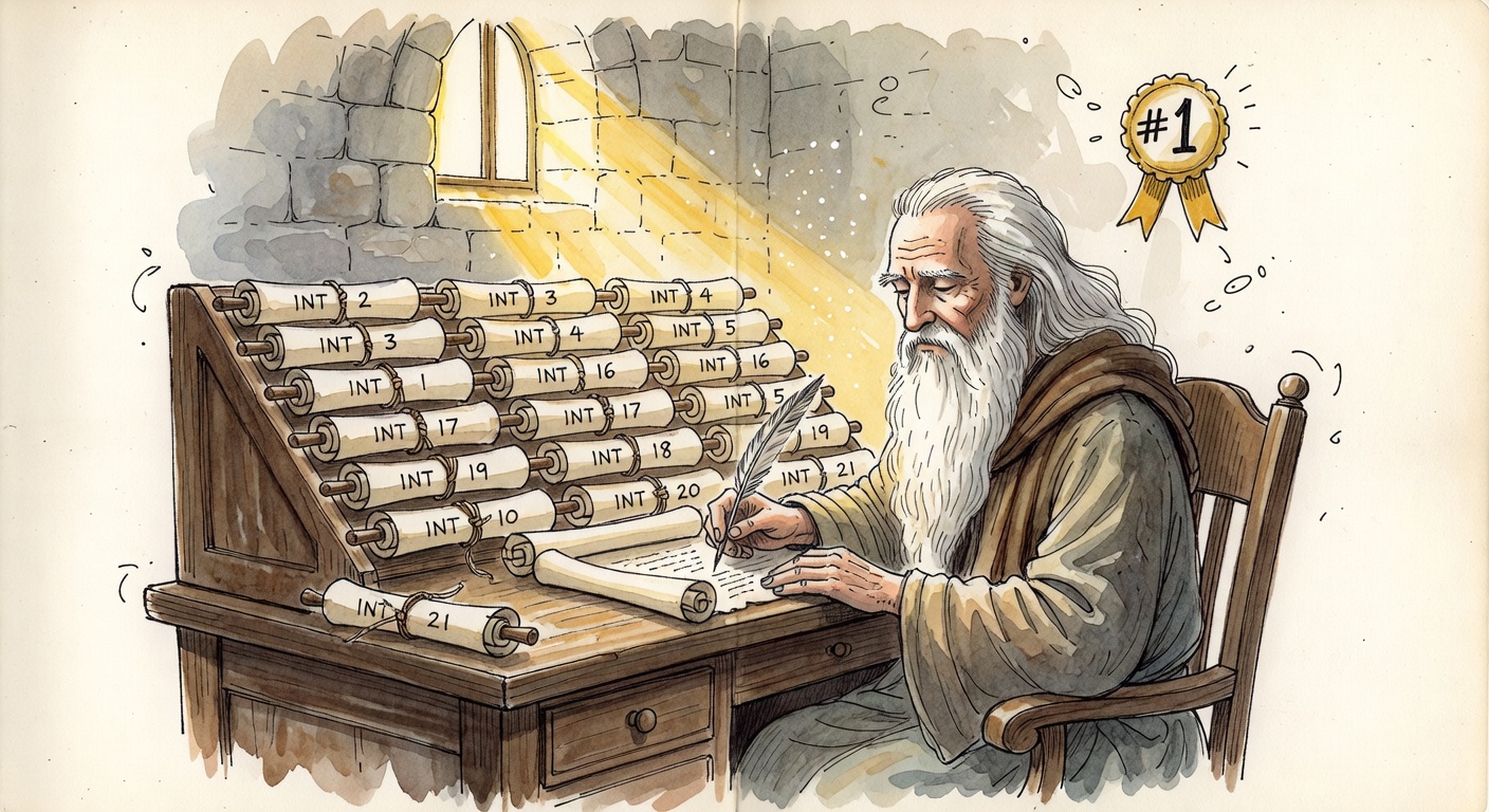A serene wizard at a writing desk with twenty perfectly numbered scrolls in two neat rows.