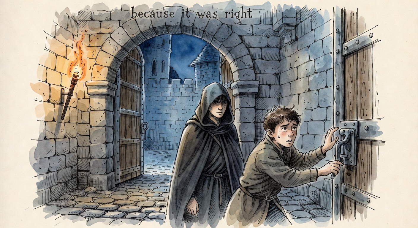 A medieval city gate at night, a hooded traveler facing a guard who is reaching for the gate handle.
