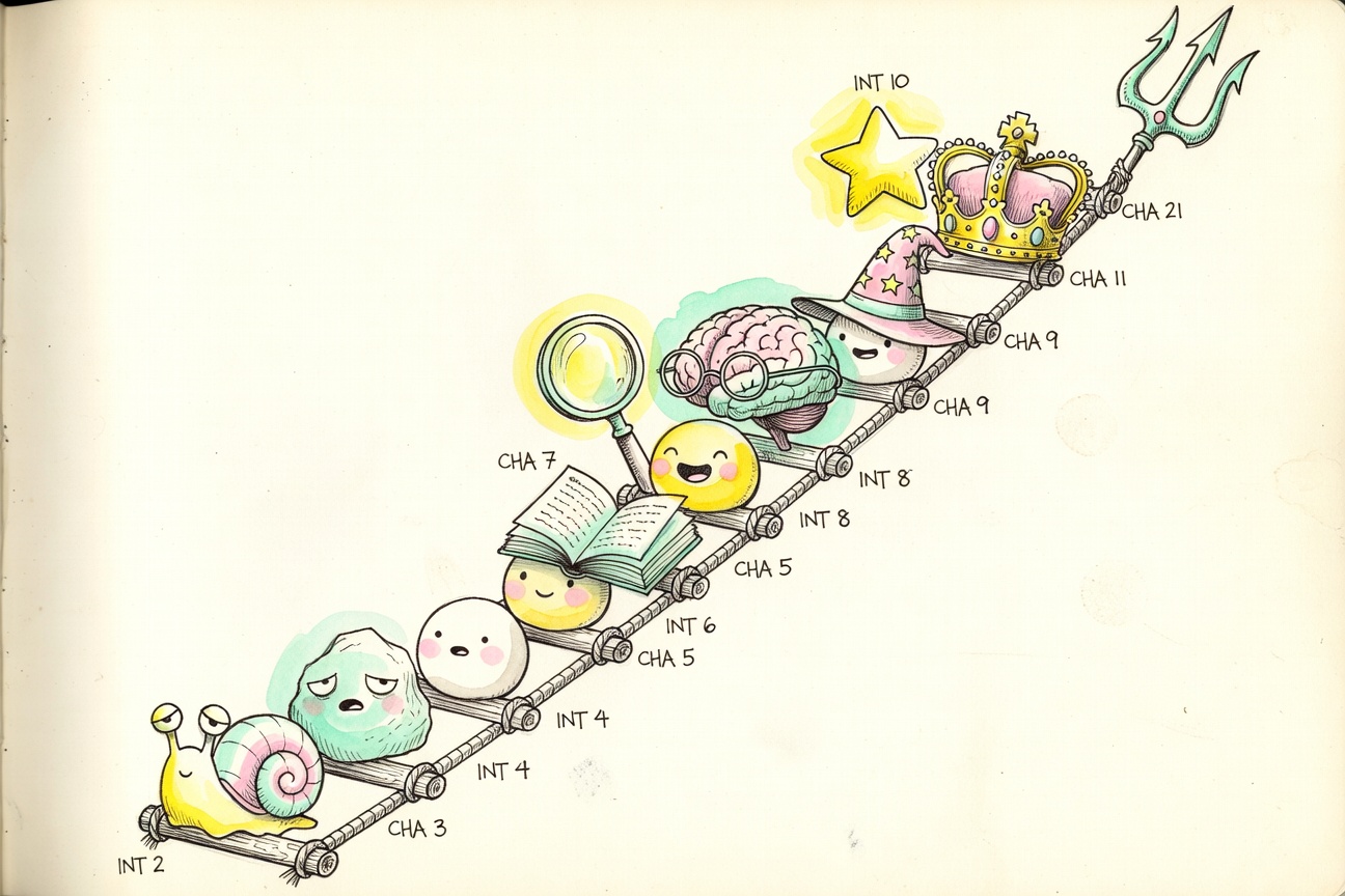 A whimsical hand-drawn ladder with creatures climbing it, low-INT snail at the bottom, crowned figure at the top.