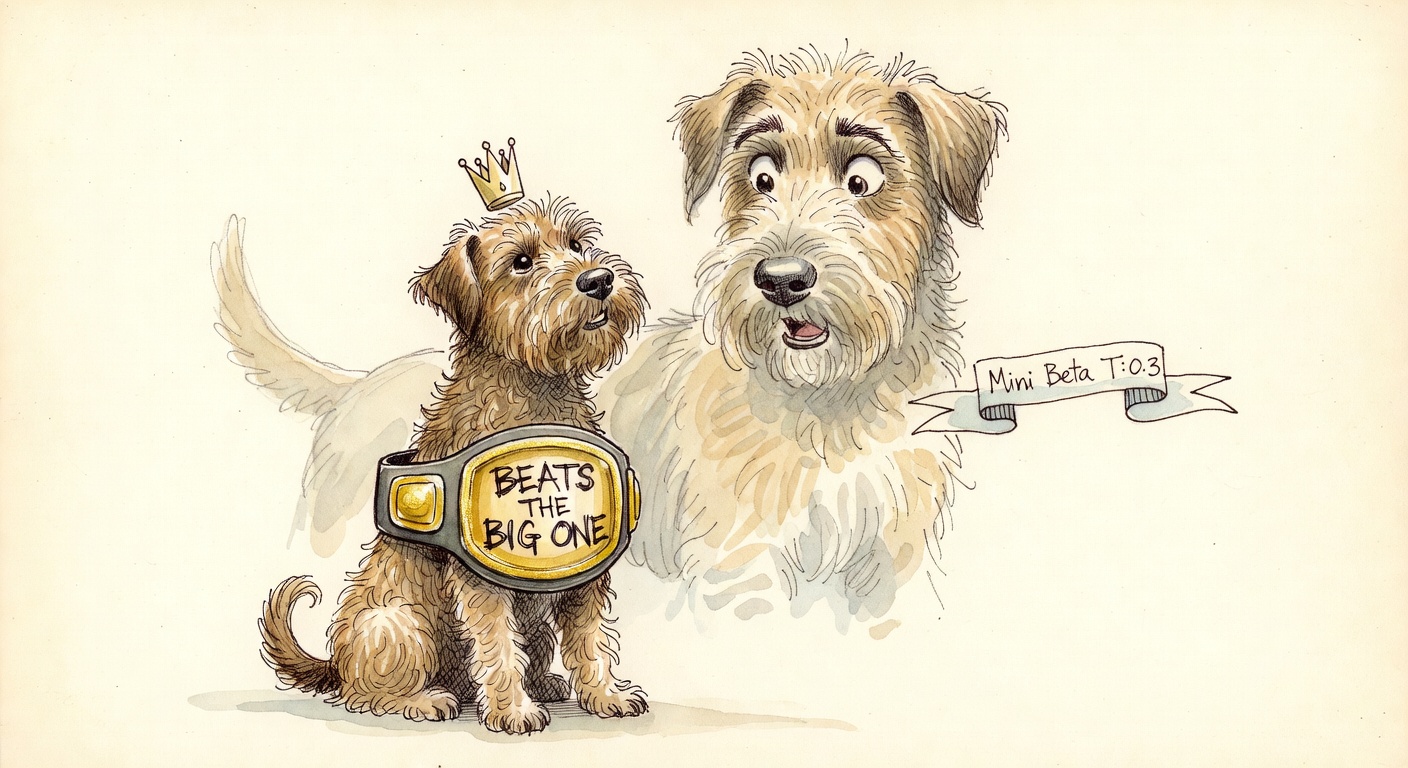A small terrier wearing an oversized championship belt, with a larger dog of the same breed in the background looking surprised.