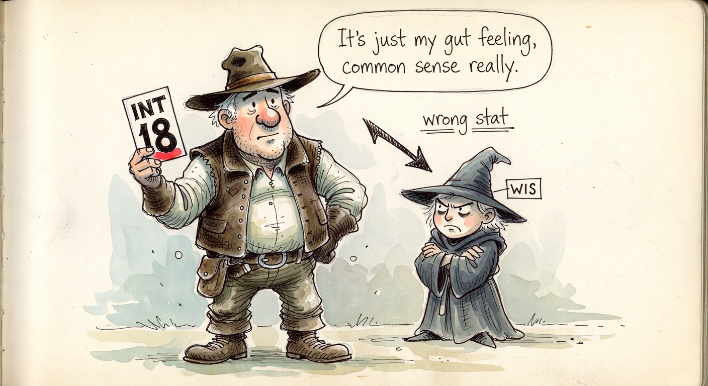 A cartoon adventurer holding an INT 18 card but talking about gut feelings and common sense, with a tiny WIS wizard scolding from behind.