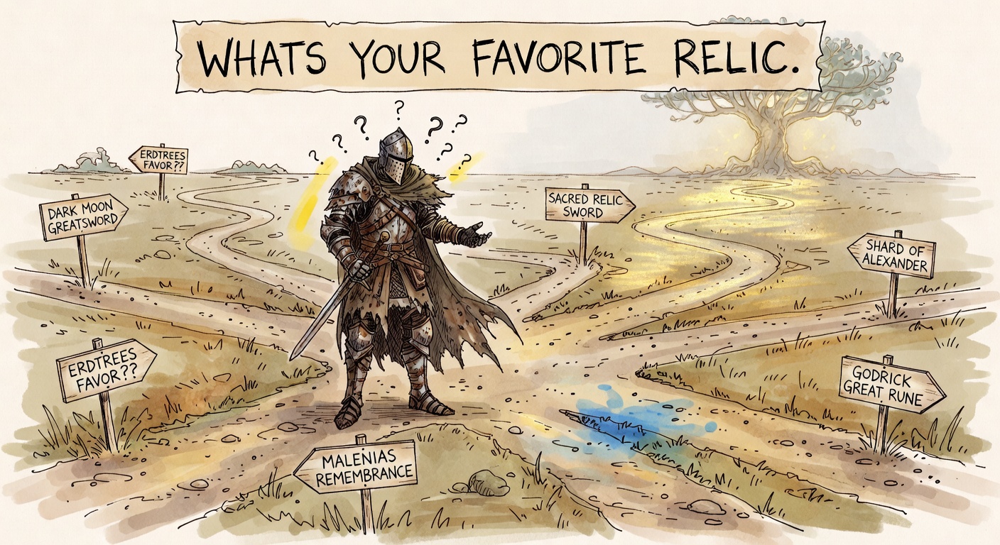 A hand-drawn sketch of a Tarnished knight at a crossroads in the Lands Between, six dirt paths leading to signposts reading DARK MOON GREATSWORD, SACRED RELIC SWORD, SHARD OF ALEXANDER, GODRICK GREAT RUNE, MALENIAS REMEMBRANCE, ERDTREES FAVOR??. Hand-lettered banner: WHATS YOUR FAVORITE RELIC.