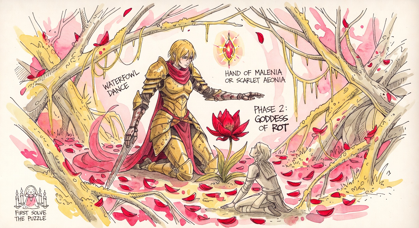 Malenia, Blade of Miquella, the tall woman in golden armor with a prosthetic arm and a flowing red scarf, kneeling beside her single blooming scarlet flower in the petal-strewn drainage channel arena of Elphael. A glowing red and gold Remembrance gem floats above her. The Tarnished kneels in awe in the foreground. Hand-lettered annotations: WATERFOWL DANCE, PHASE 2: GODDESS OF ROT, HAND OF MALENIA OR SCARLET AEONIA, and a tiny inset doodle of Ordina with four lit candles labeled FIRST SOLVE THE PUZZLE.