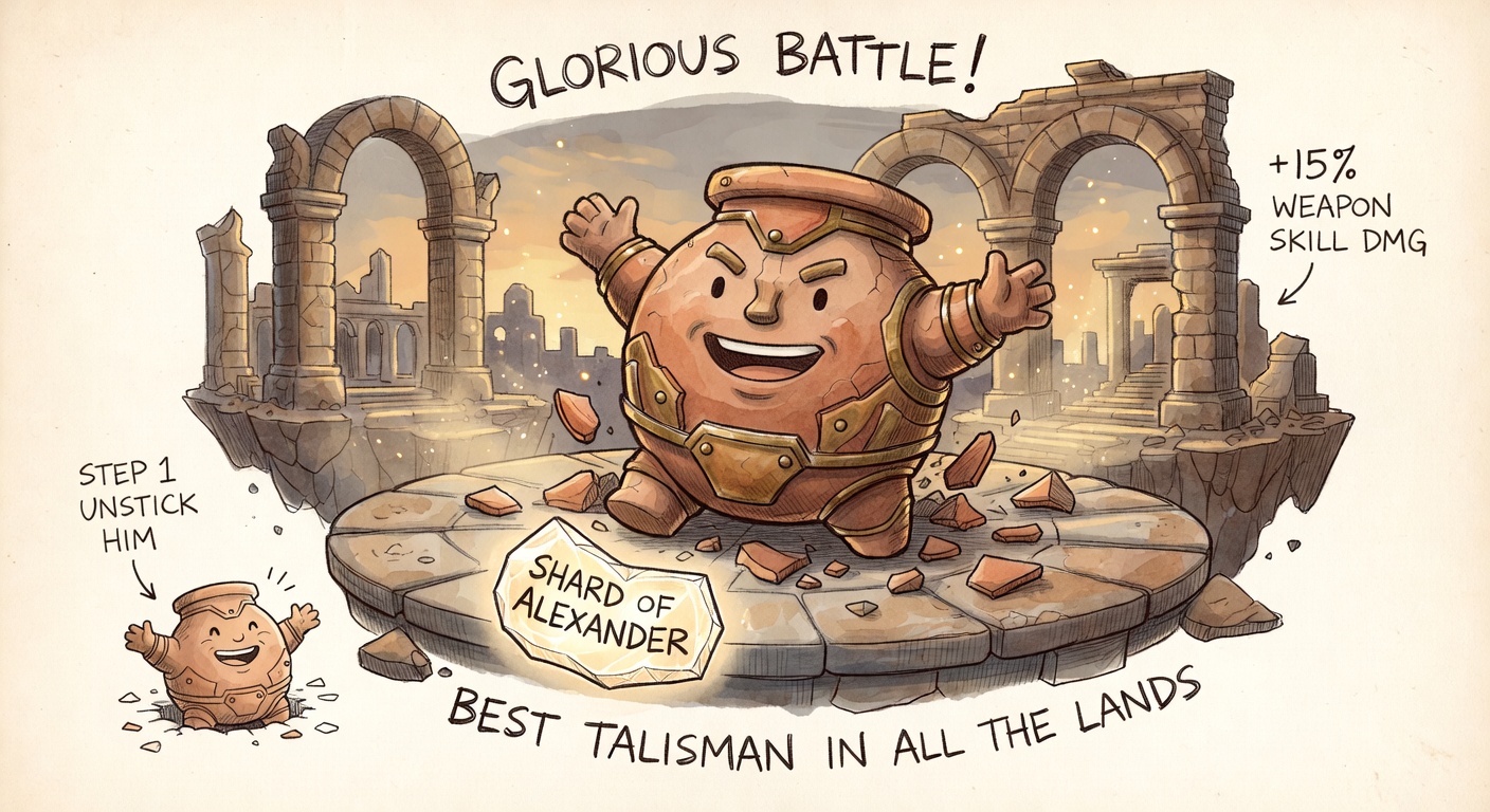A hand-drawn sketch of Iron Fist Alexander, the jovial living-jar warrior from Elden Ring, mid-shatter on a stone platform in the floating ruins of Crumbling Farum Azula. A glowing Shard of Alexander fragment in the foreground. Hand-lettered annotations: GLORIOUS BATTLE, +15% WEAPON SKILL DMG, BEST TALISMAN IN ALL THE LANDS, and a tiny inset doodle of Alexander stuck in a hole earlier labeled STEP 1 UNSTICK HIM.