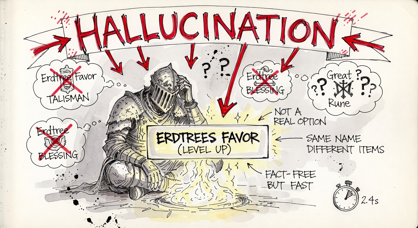 A chaotic ink-splatter sketch of a confused Tarnished sitting at a Site of Grace with a glowing menu floating in front of them — the fake option ERDTREES FAVOR (LEVEL UP) highlighted with a yellow sparkle. Three thought-bubble panels show the items the model conflated, each with a red X. A shaky red-ink banner: HALLUCINATION. A tiny stopwatch reads 2.4s.