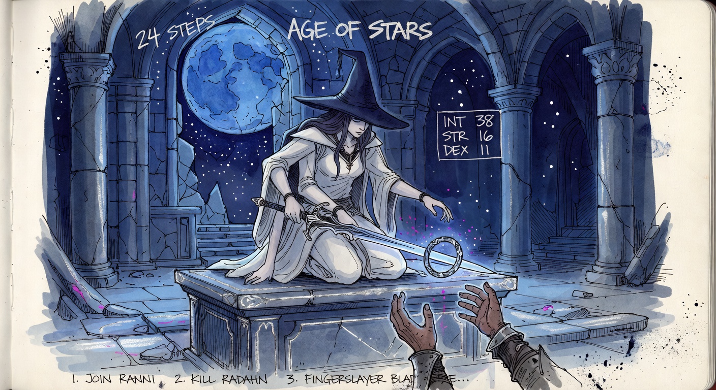 Ranni the Witch, the four-armed sorceress in a midnight-blue pointed hat, kneeling on a moonlit altar inside the Cathedral of Manus Celes, placing the radiant blue Dark Moon Greatsword across the Tarnished's outstretched hands. A giant blue moon visible through a broken window. Hand-lettered annotations: 24 STEPS, AGE OF STARS, INT 38 / STR 16 / DEX 11, MOONLIGHT BEAM ASH OF WAR, and a tiny checklist 1. JOIN RANNI 2. KILL RADAHN 3. FINGERSLAYER BLADE… fading off the edge.