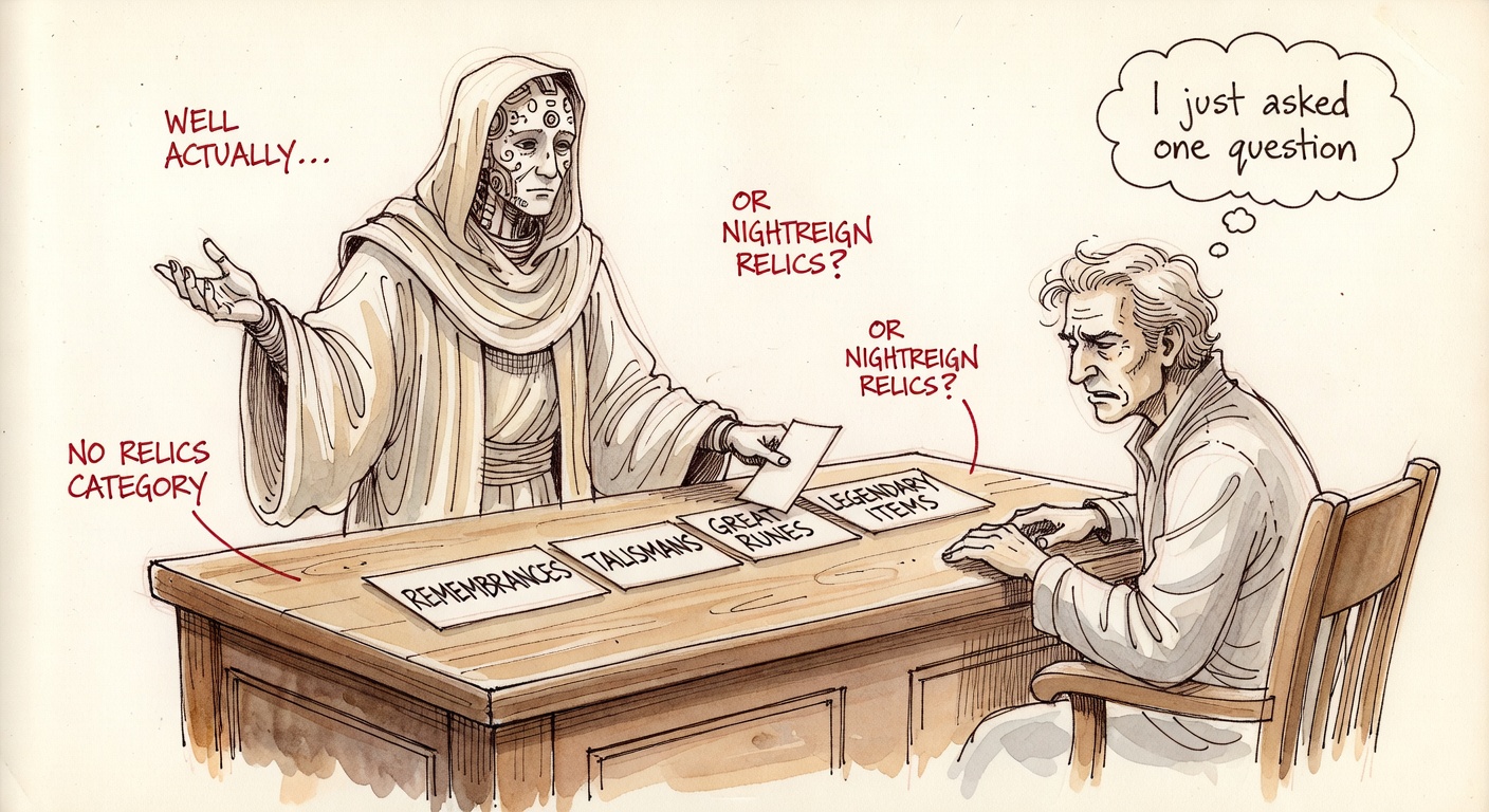 A robed scholar AI figure standing behind a wooden study-hall desk in the Roundtable Hold, gesturing professorially while sliding four labeled index cards — REMEMBRANCES, TALISMANS, GREAT RUNES, LEGENDARY ITEMS — toward an annoyed-looking Tarnished. Holding an extra card off to the side reading OR NIGHTREIGN RELICS? Red-ink annotations: WELL ACTUALLY..., NO RELICS CATEGORY.