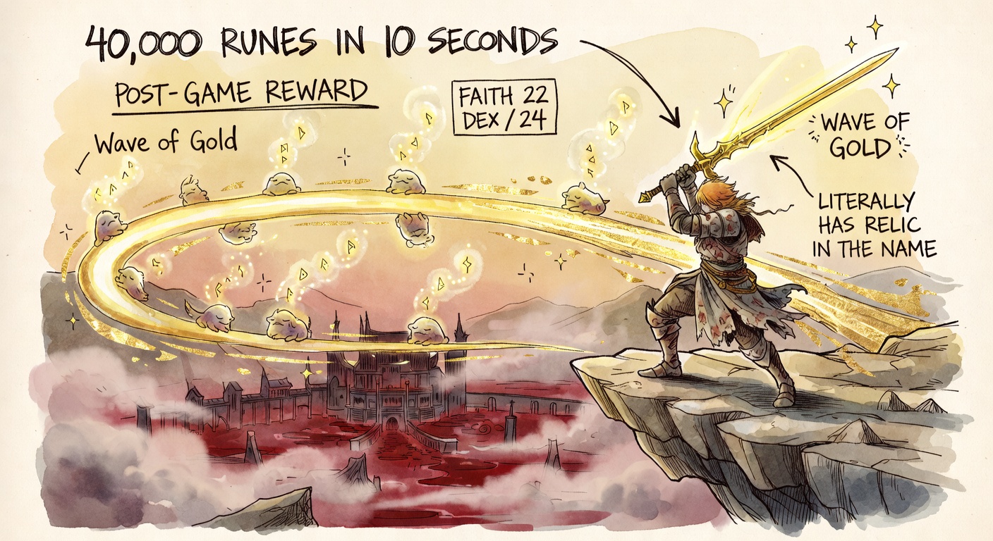 A Tarnished mid-swing of the long golden Sacred Relic Sword on a cliff overlooking the Mohgwyn Palace blood swamp. A horizontal arc of pure golden Wave of Gold light turning a dozen sleeping Albinaurics into rune sparkles. Hand-lettered annotations include 40,000 RUNES IN 10 SECONDS, POST-GAME REWARD, and an arrow at the blade reading LITERALLY HAS RELIC IN THE NAME.