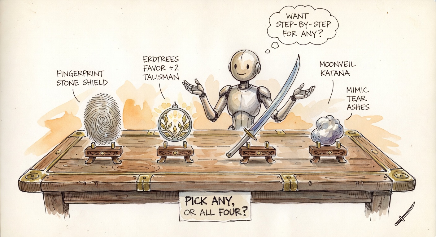A long wooden tavern table at the Roundtable Hold lined with four ornately illustrated items on labeled stands — FINGERPRINT STONE SHIELD, ERDTREES FAVOR +2 TALISMAN, MOONVEIL KATANA, MIMIC TEAR ASHES. A friendly AI figure stands behind, palms up. A small sign at the front reads PICK ANY, OR ALL FOUR? A thought bubble above reads WANT STEP-BY-STEP FOR ANY?