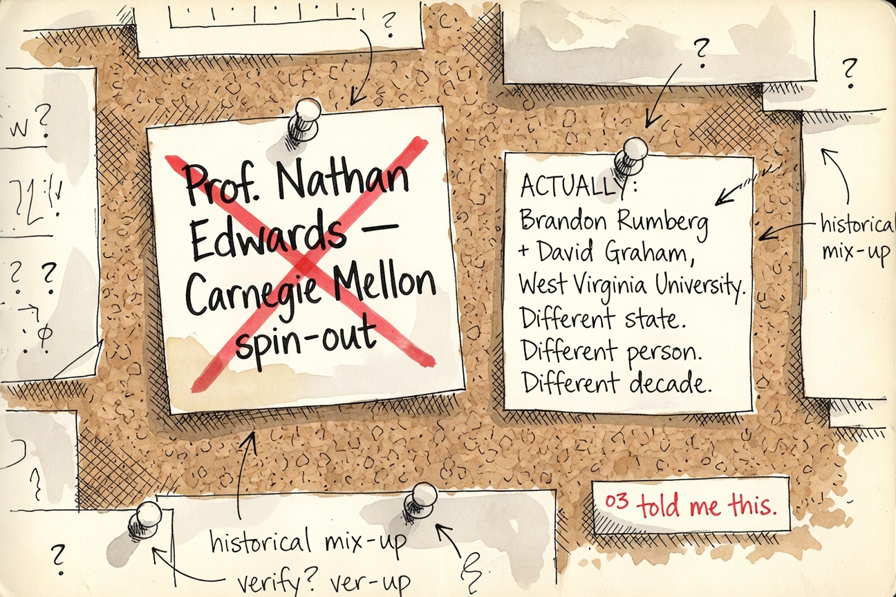 Hand-drawn watercolor of a sticky-note on a corkboard reading Prof. Nathan Edwards — Carnegie Mellon spin-out. A bright red X is drawn across it. Next to it a corrected sticky reads ACTUALLY: Brandon Rumberg + David Graham, West Virginia University.
