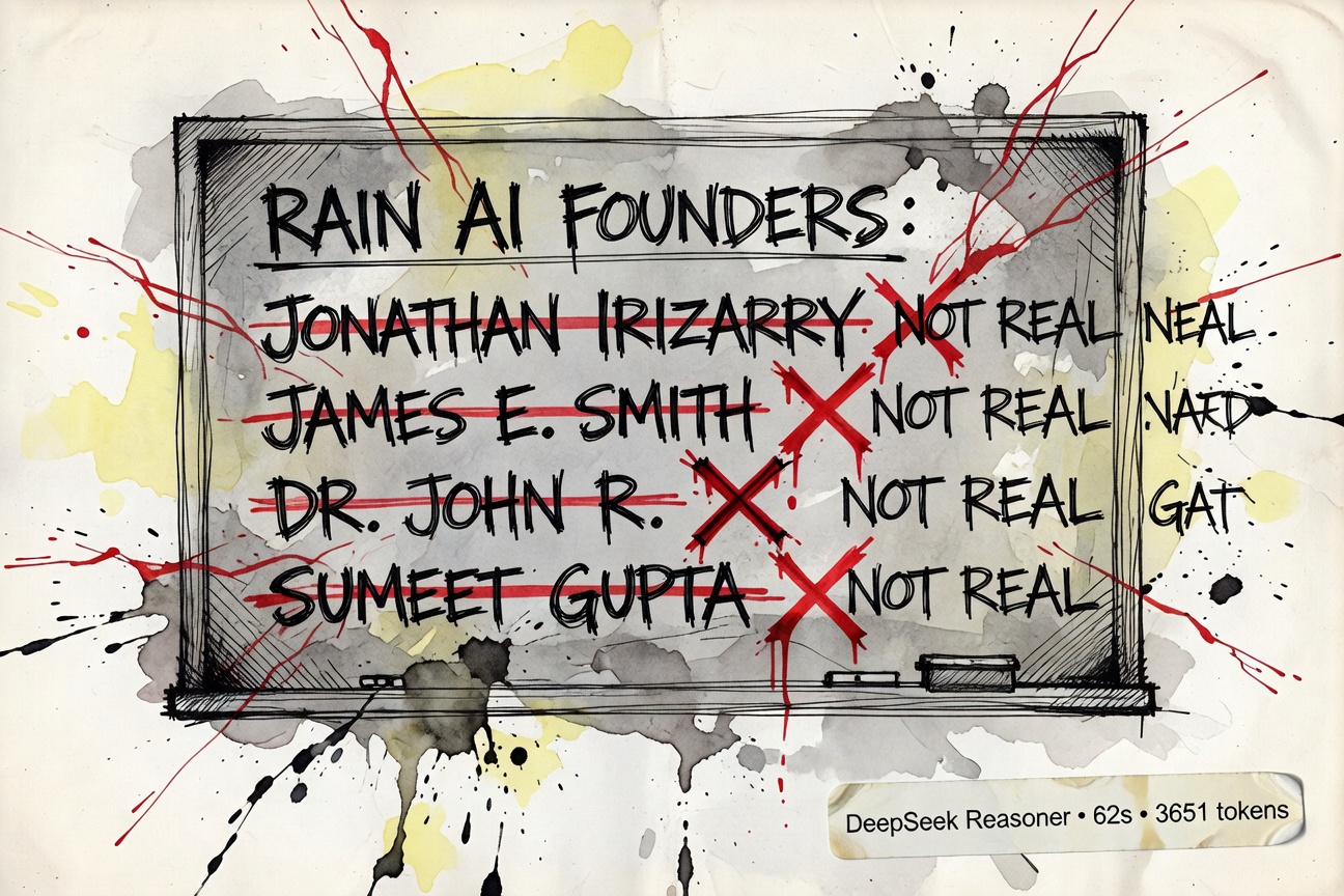 Hand-drawn watercolor of a chalkboard with the heading RAIN AI FOUNDERS, listing four names confidently: JONATHAN IRIZARRY, JAMES E. SMITH, DR. JOHN R., SUMEET GUPTA. Each name has a bright red ink X struck through it and the words NOT REAL scrawled next to it. At the corner: DeepSeek Reasoner — 62s, 3651 tokens.