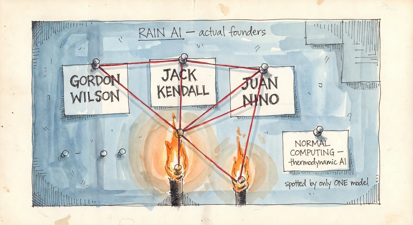 Hand-drawn watercolor of a detective's pinboard. Three index cards pinned with red string each labeled with a hand-printed name: GORDON WILSON, JACK KENDALL, JUAN NINO. A heading at the top reads RAIN AI — actual founders. Off to one side, a separate small card pinned alone reads NORMAL COMPUTING — thermodynamic AI, with a small handwritten note: spotted by only ONE model.