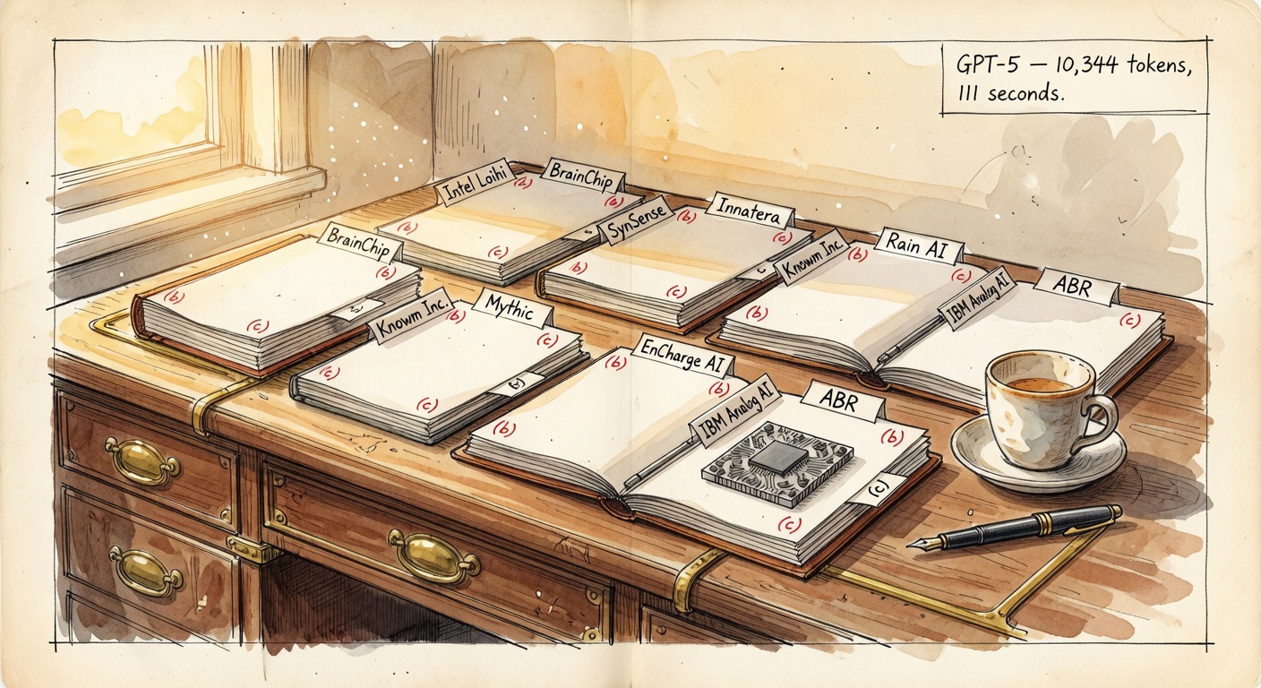 Hand-drawn watercolor of an analyst's desk covered with ten small dossiers labeled with company names: Intel Loihi, BrainChip, SynSense, Innatera, Knowm Inc., Rain AI, EnCharge AI, Mythic, IBM Analog AI, ABR. Each dossier has a red-ink (b) or (c) categorization. A coffee cup, a pen, a memristor chip paperweight.