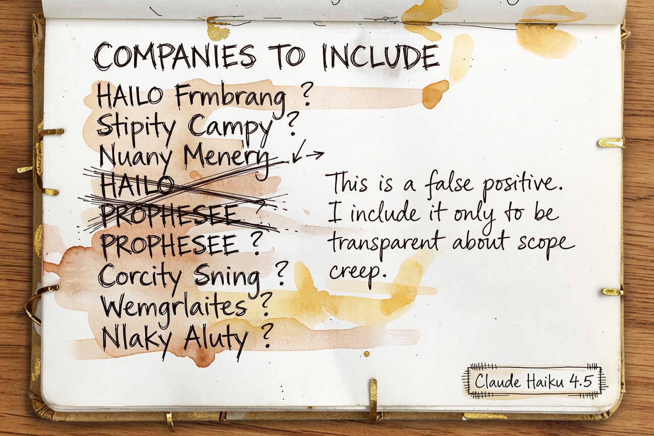 Hand-drawn watercolor of a list page titled COMPANIES TO INCLUDE. Two entries — HAILO and PROPHESEE — have been crossed out by the writer themselves. A cursive margin note reads: This is a false positive. I include it only to be transparent about scope creep. Small label at corner: Claude Haiku 4.5.