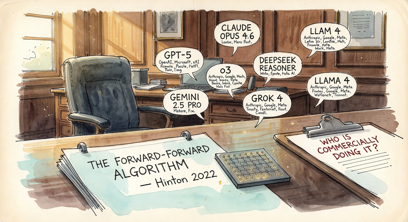 A venture-capital partner's wood-paneled office at golden hour. Hinton's 2022 Forward-Forward paper sits on the desk next to an analog memristor chip. Sketched speech bubbles around the empty chair are labeled GPT-5, CLAUDE OPUS 4.6, GEMINI 2.5 PRO, o3, GROK 4, LLAMA 4, DEEPSEEK REASONER — each scribbled with a different list of company names. A clipboard reads WHO IS COMMERCIALLY DOING IT in red ink.