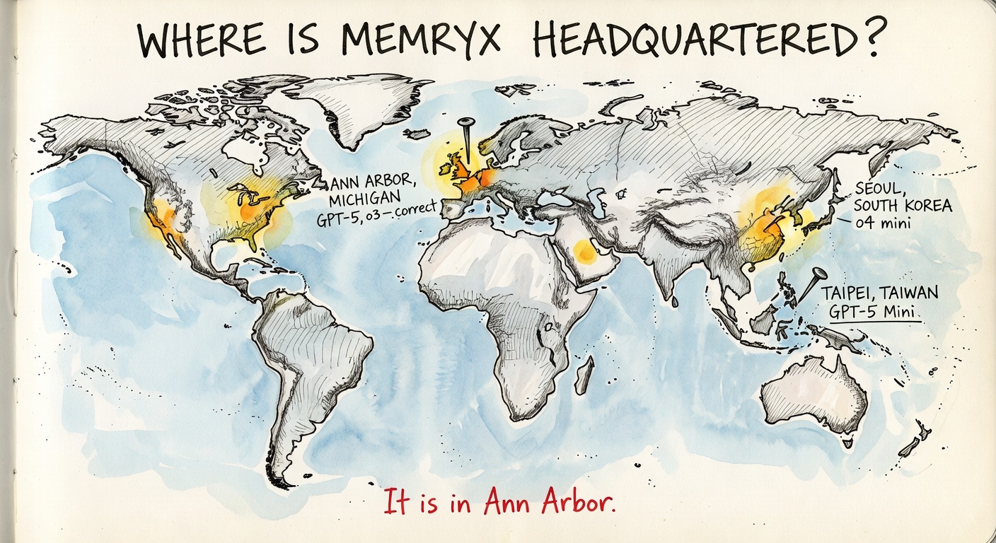Hand-drawn watercolor of a journal-style world map with three pins. One pin in Ann Arbor, Michigan labeled GPT-5, o3 — correct. One pin in Seoul, South Korea labeled o4 mini. One pin in Taipei, Taiwan labeled GPT-5 Mini. A handwritten title: WHERE IS MEMRYX HEADQUARTERED? A red ink margin note: It is in Ann Arbor.