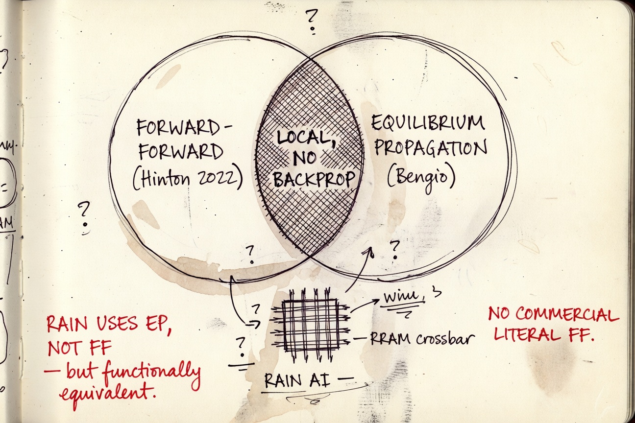 Hand-drawn watercolor of a researcher's notebook spread showing a Venn diagram. Left circle: FORWARD-FORWARD (Hinton 2022). Right circle: EQUILIBRIUM PROPAGATION (Bengio). Overlap hatched and labeled LOCAL, NO BACKPROP. Below the Venn a small chip with crossbar grid labeled RAIN AI — RRAM crossbar. Red ink margin notes: RAIN USES EP, NOT FF — but functionally equivalent, and NO COMMERCIAL LITERAL FF.