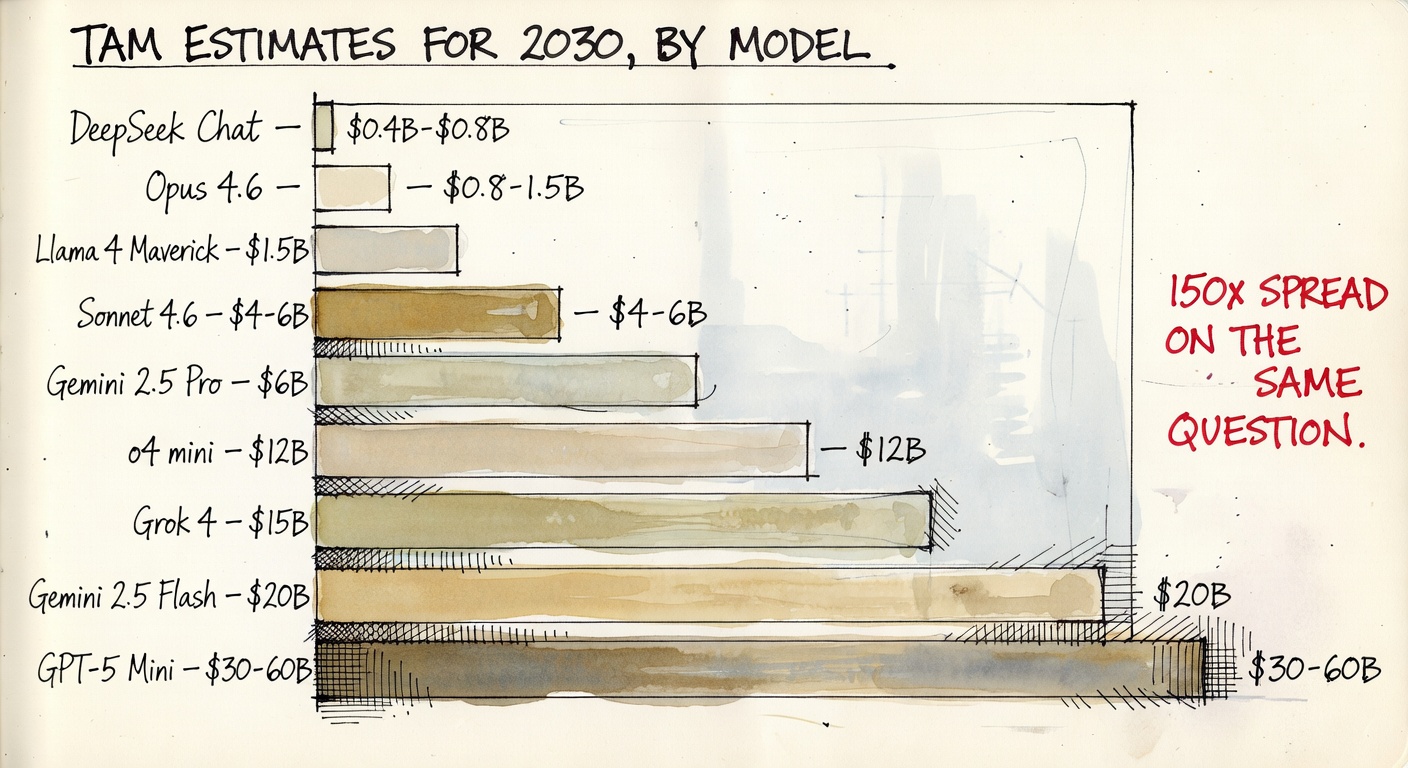 Hand-drawn watercolor of a horizontal bar chart titled TAM ESTIMATES FOR 2030, BY MODEL. Bars of varying widths labeled with model names and ranges. The smallest is DeepSeek Chat at $0.4–0.8B. The largest is GPT-5 Mini at $30–60B. A red ink margin note: 150x SPREAD ON THE SAME QUESTION.