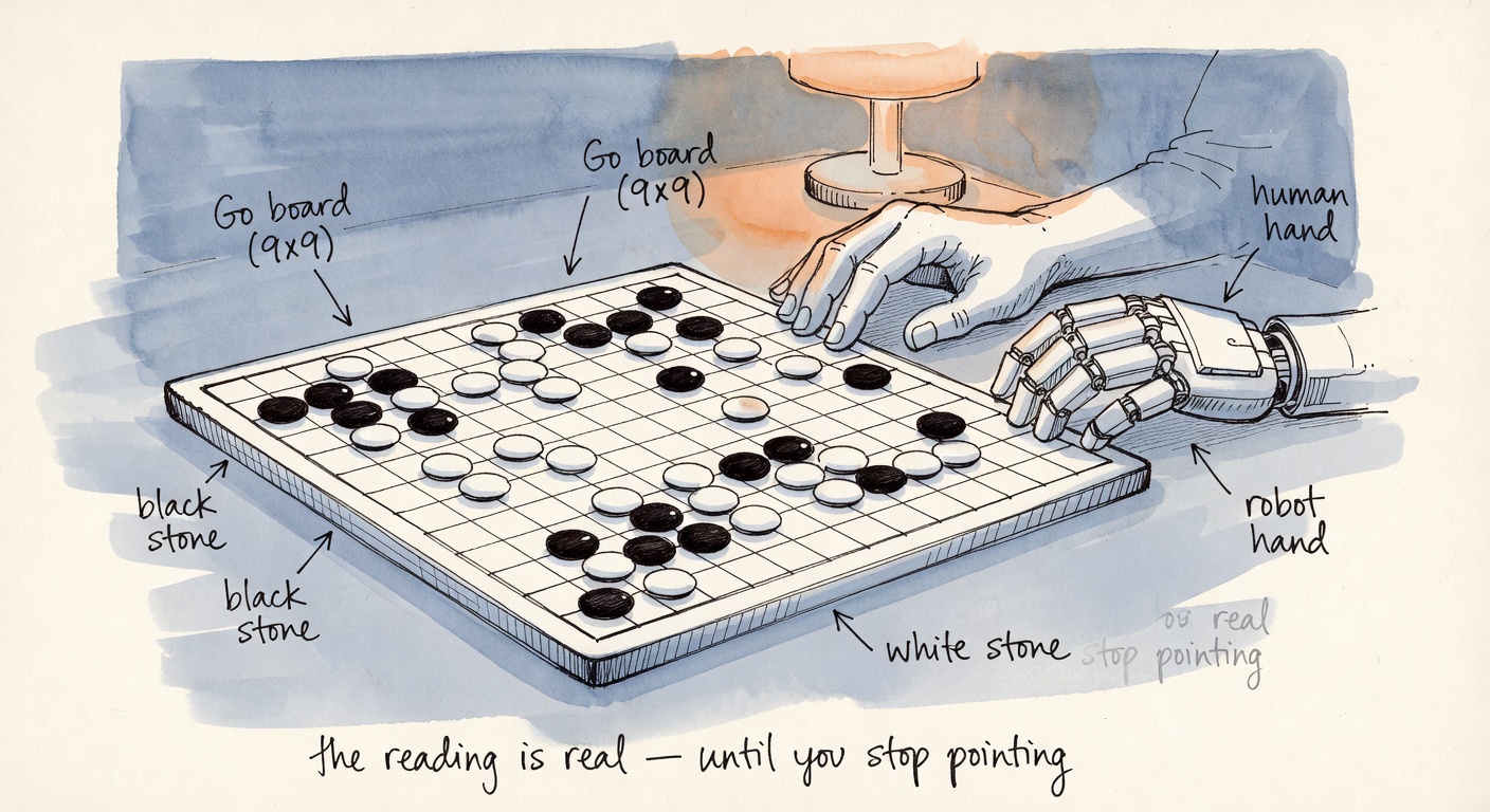 A quiet 9x9 Go board at dusk with scattered stones, a robot hand and a human hand resting near it.