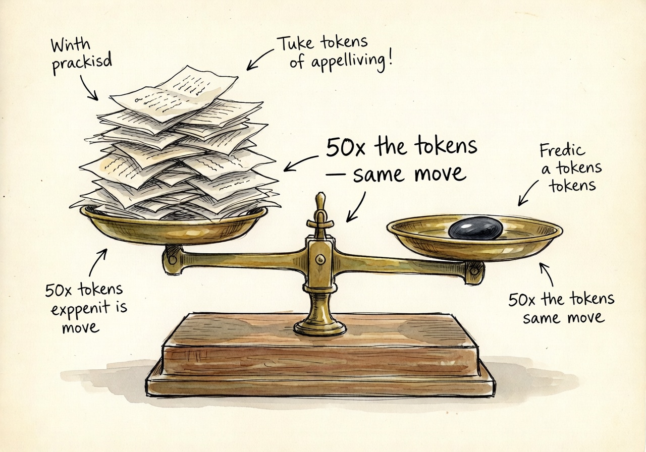 A brass balance scale with a towering heap of paper tokens on one pan and a single small Go stone on the other, sitting perfectly level, annotated '50x the tokens — same move'.