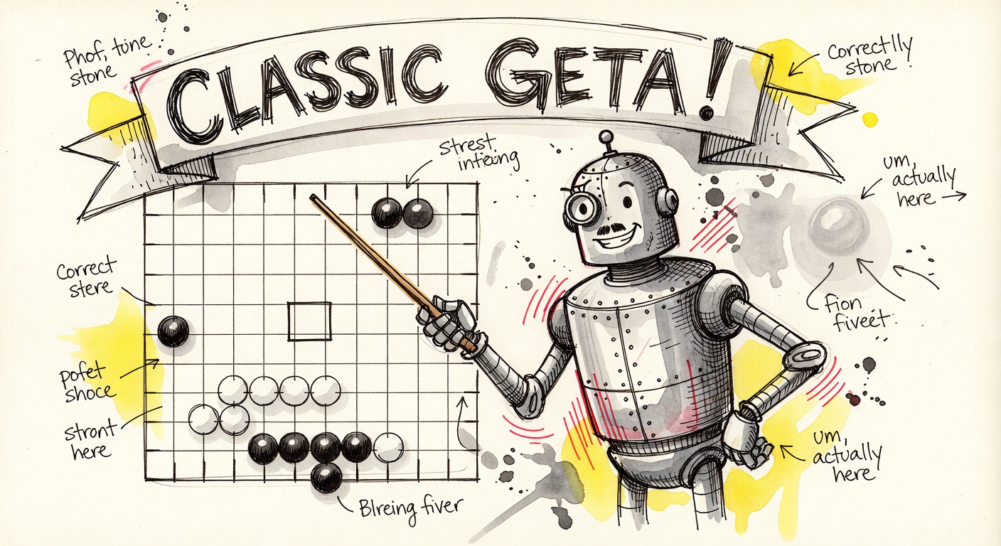 A pompous robot points proudly at an empty Go intersection under a banner reading CLASSIC GETA, while a faint correct stone sits to the side with a small arrow 'actually here'.
