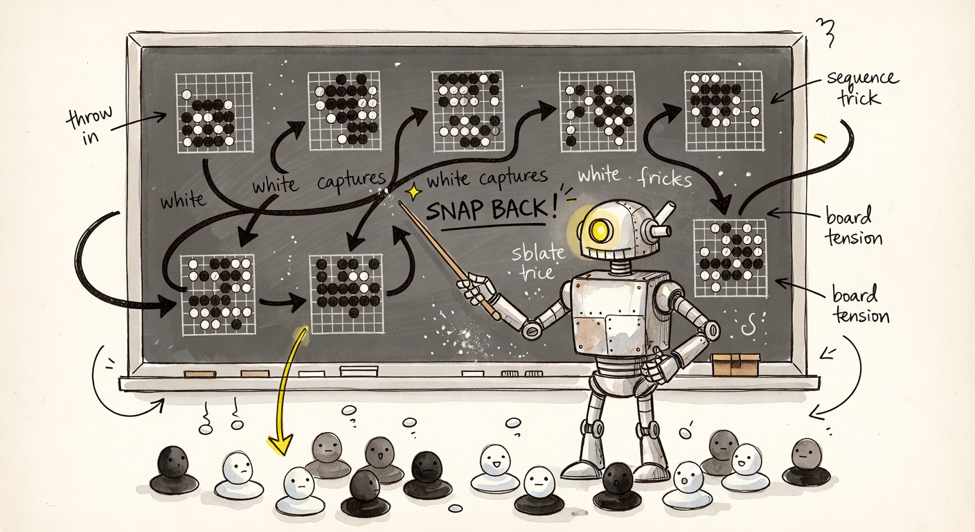 A professor-robot at a chalkboard explaining the snapback as a sequence of small board diagrams connected by big arrows labelled 'throw in', 'white captures', 'SNAP BACK!'