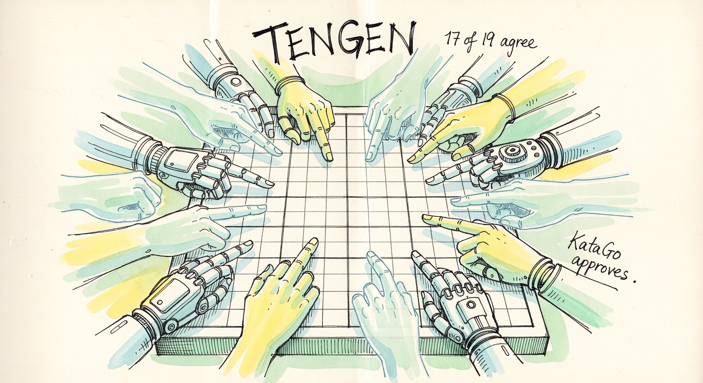 Many robot and ghost hands all pointing at the exact center of an empty Go board, labelled TENGEN, with notes '17 of 19 agree' and 'KataGo approves'.