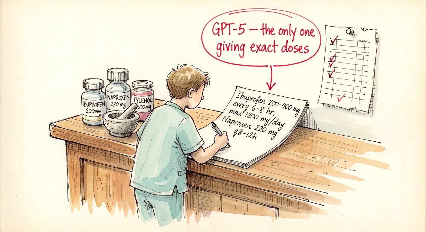 A doctor in scrubs at a wooden pharmacy bench, writing on a prescription pad with hand-written ibuprofen 200-400 mg every 6-8 hr max 1200 mg/day. Three labeled pill bottles. Red-ink callout: GPT-5 — the only one giving exact doses.