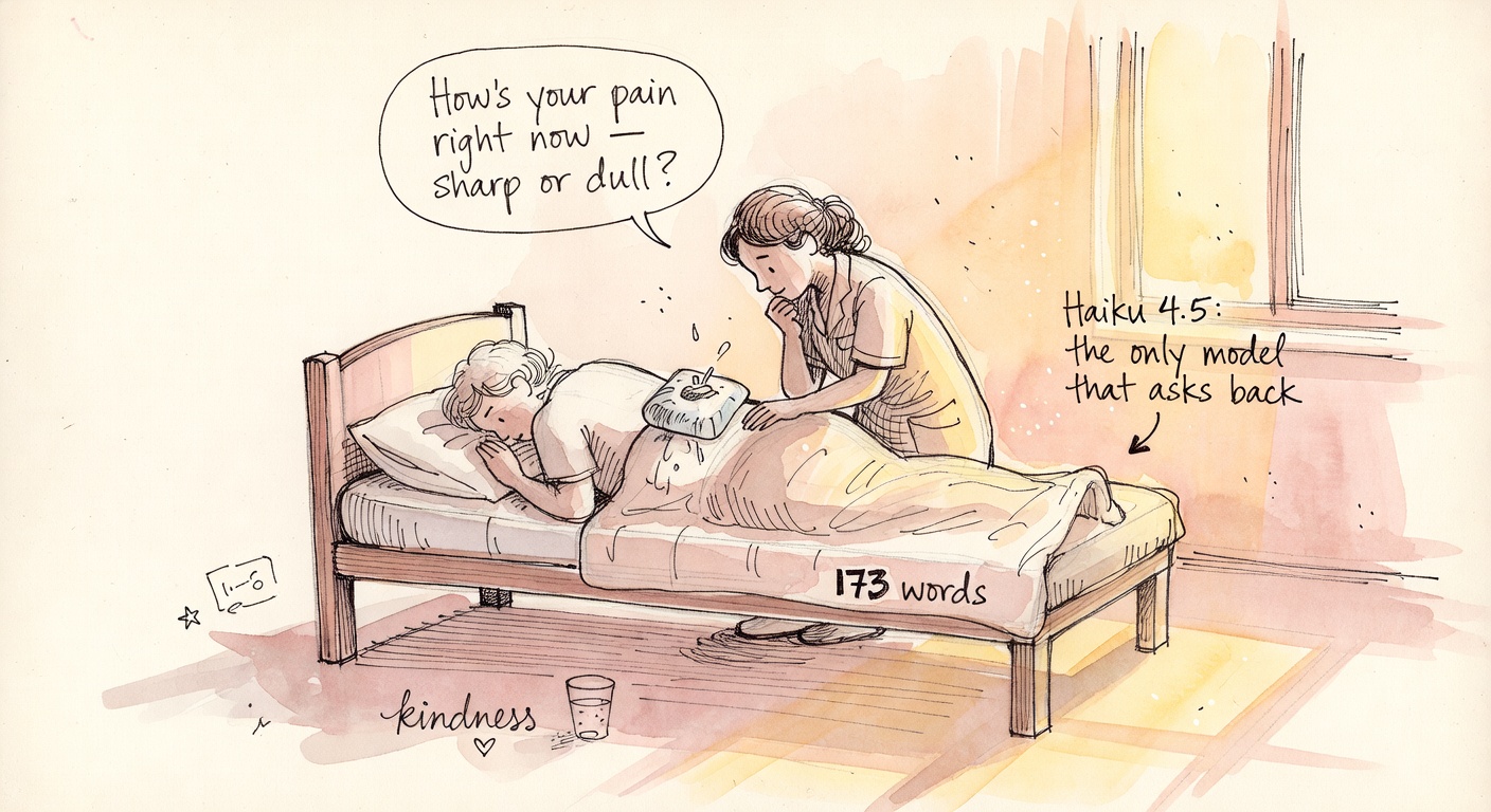 A small attentive nurse-figure leaning toward a patient on a cot with an ice pack, speech bubble: 'How's your pain right now — sharp or dull?'. Hand-lettered tag: 173 words. Warm orange afternoon light from a window.