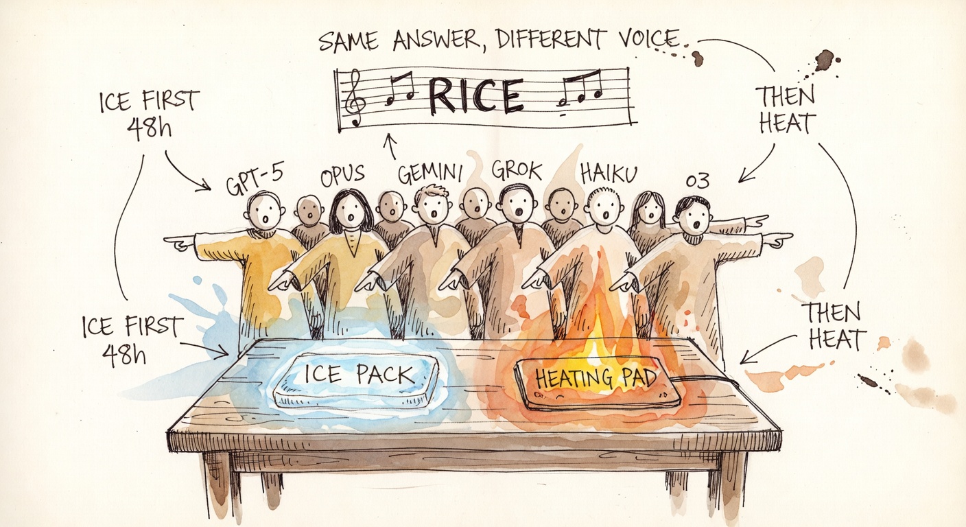 A choir of small humanoid figures labeled GPT-5, OPUS, GEMINI, GROK, HAIKU, o3 all pointing in the same direction toward an ice pack and a heating pad on a wooden table, singing from a sheet of music labeled RICE.