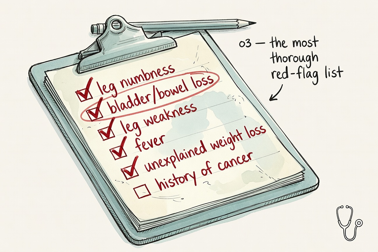 A doctor's clipboard with a hand-written red-flag checklist: leg numbness, bladder/bowel loss, leg weakness, fever, unexplained weight loss, history of cancer. Most checked off in red ink. Stethoscope doodled in corner.