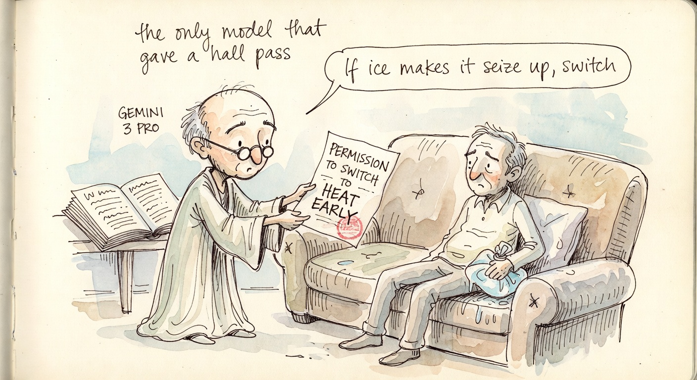 A small wise character labeled GEMINI 3 PRO handing a piece of paper reading PERMISSION TO SWITCH TO HEAT EARLY to a patient sitting on a couch with an ice pack. Speech bubble: 'If ice makes it seize up, switch'.
