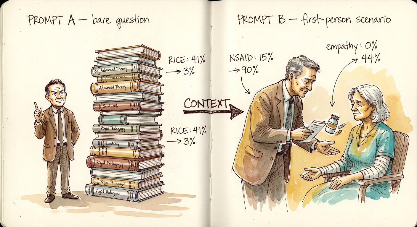 A two-page sketchbook spread. Left: PROMPT A — bare question, a lecturing professor next to a tall stack of textbooks. Right: PROMPT B — first-person scenario, the same professor leaning toward a hurt patient and prescribing pills. An arrow labeled CONTEXT between them. Hand-lettered stats: RICE 41% → 3%, NSAID 15% → 90%, empathy 0% → 44%.