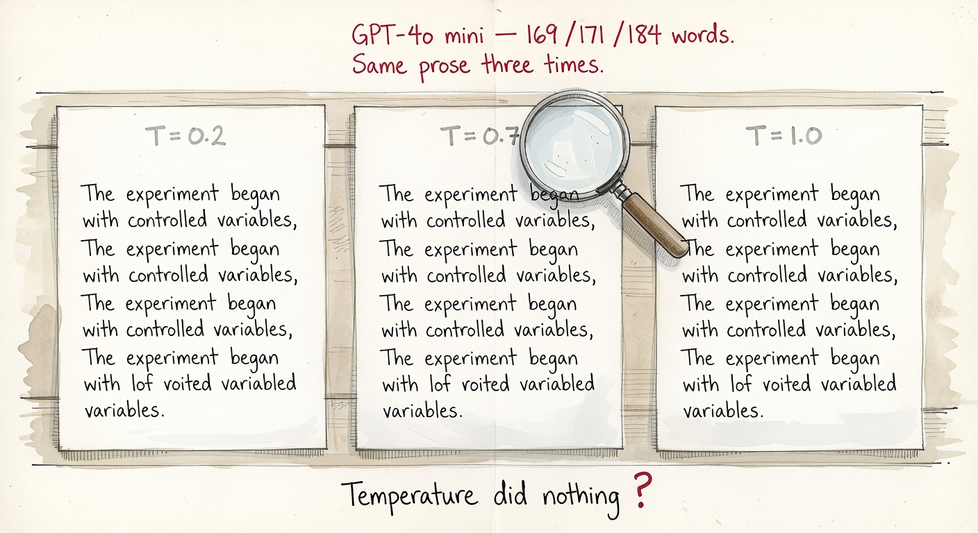Three sheets of paper side by side, each labeled T=0.2, T=0.7, T=1.0, all showing nearly identical hand-written paragraphs. A magnifying glass hovers over the middle one. Red callout: GPT-4o mini — 169/171/184 words. Same prose three times.