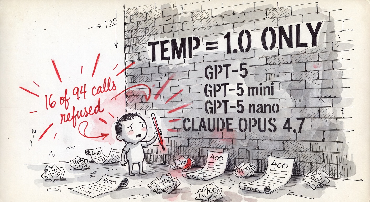 A small frustrated character at the foot of a giant brick wall stenciled TEMP = 1.0 ONLY with GPT-5, GPT-5 mini, GPT-5 nano, CLAUDE OPUS 4.7 listed. Crumpled 400-error API responses on the ground. Red callout: 16 of 94 calls refused.