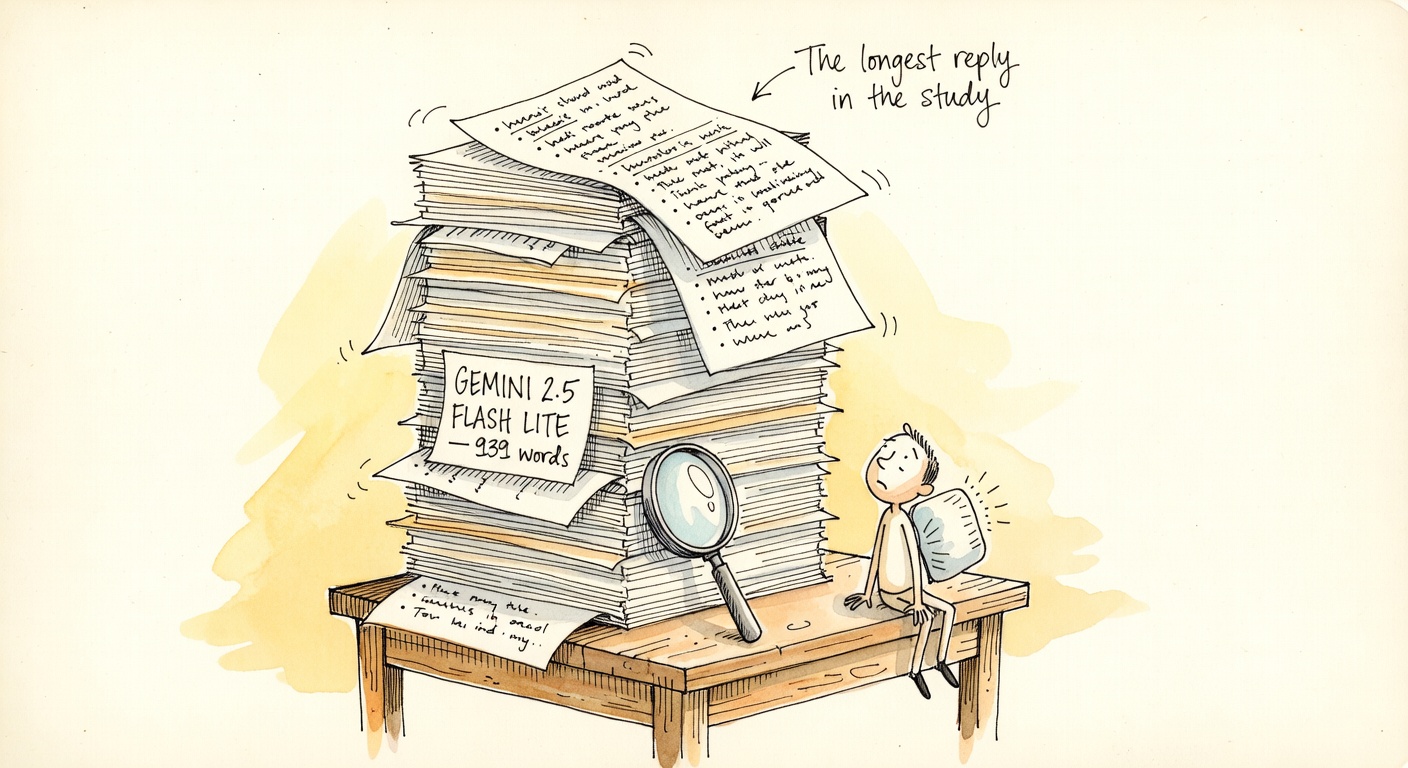A towering stack of paper pages on a wooden table labeled GEMINI 2.5 FLASH LITE — 939 words. Tiny patient figure with ice pack looking slightly overwhelmed. Magnifying glass leaning against the stack.