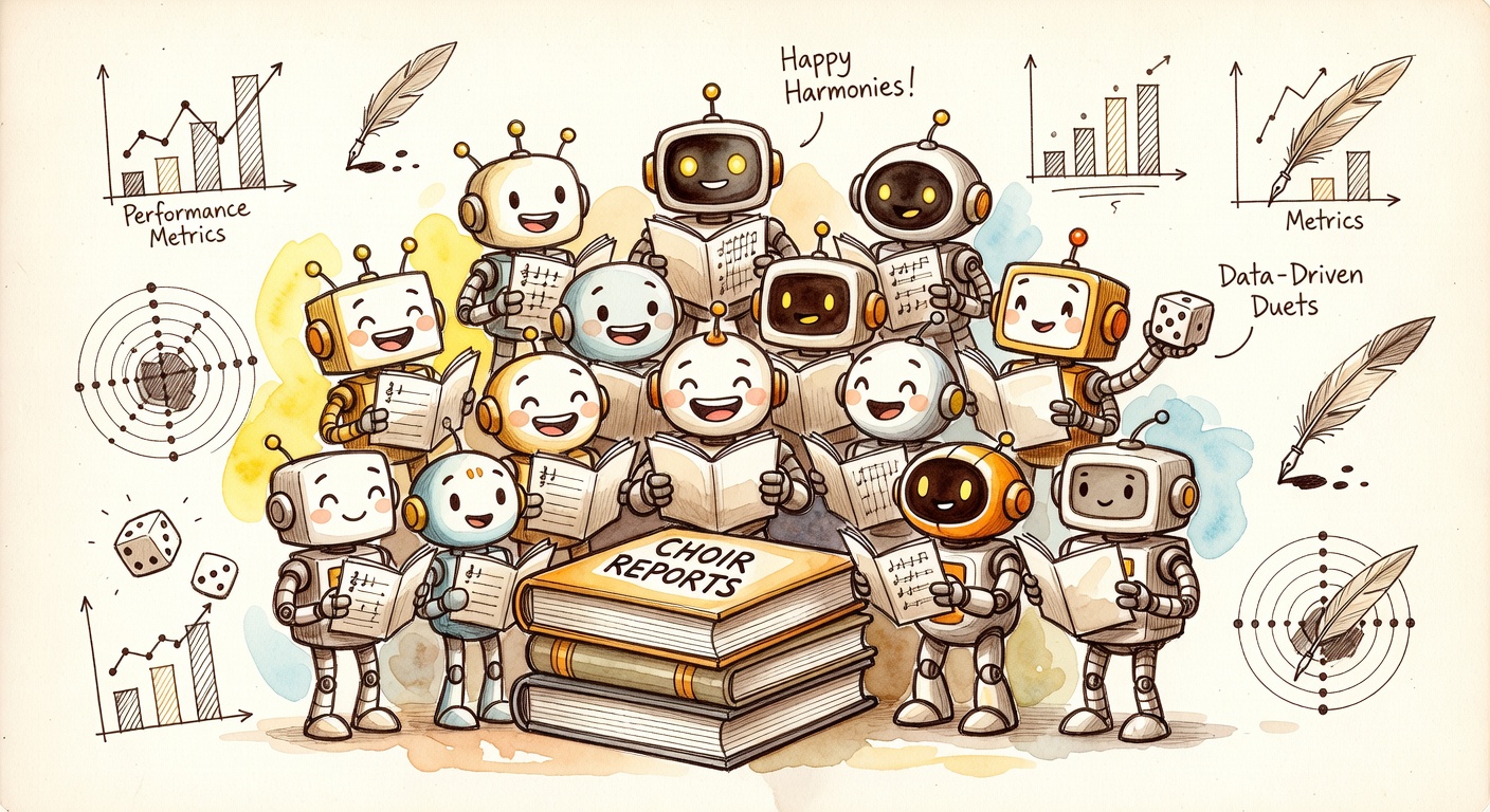 A chorus of cartoon AI models holding sheet music around a stack of report books.