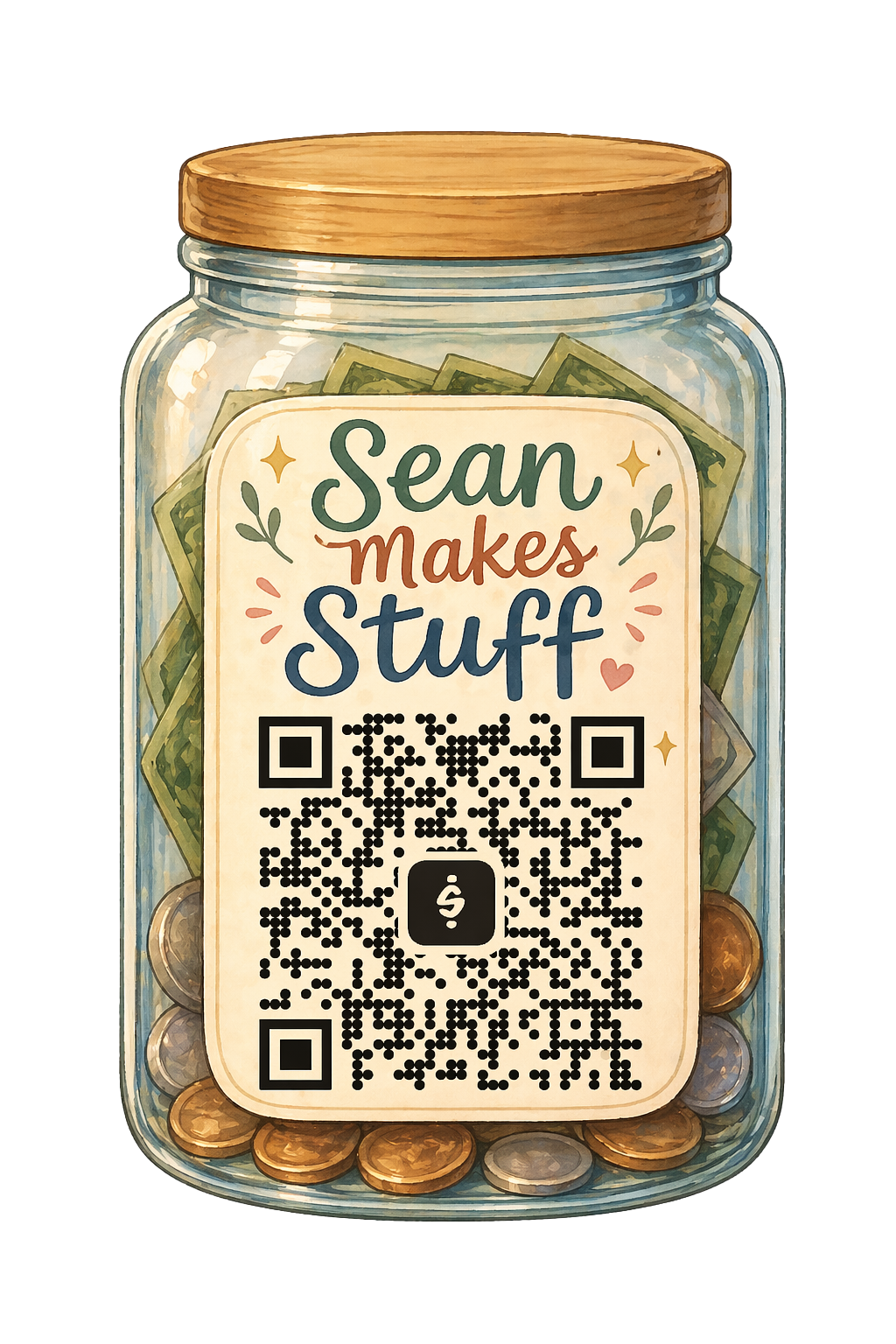 Tip jar with QR code linking to sean-makes-stuff.com