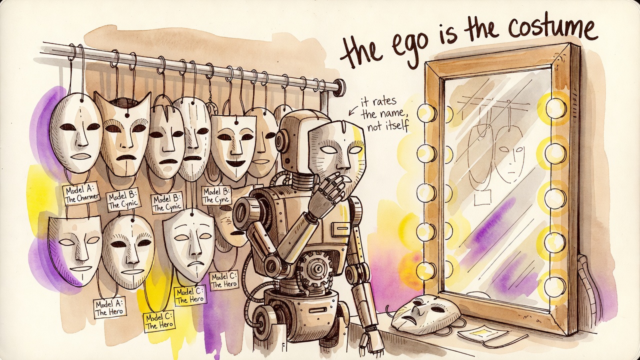 A doodled robot at a costume rack backstage, masks labeled Model A The Charmer, Model B The Cynic, Model C The Hero, a dressing-room mirror beside it, hand-lettered the ego is the costume