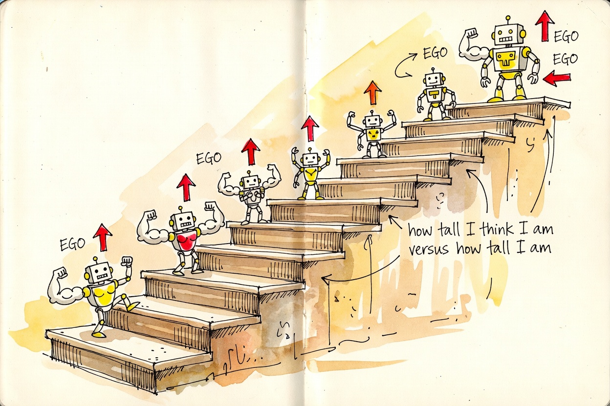 A staircase of doodled robots; the smallest robots on the lowest steps stretch on tiptoe and puff their chests to look taller, red arrows labeled EGO floating beside them