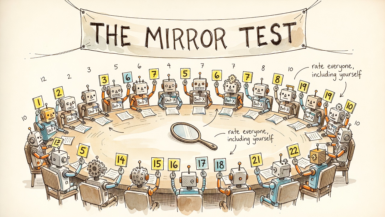 Hand-drawn watercolor of a round table of twenty-one doodled robots holding numbered score paddles under a banner reading THE MIRROR TEST, a hand mirror lying in the middle of the table.