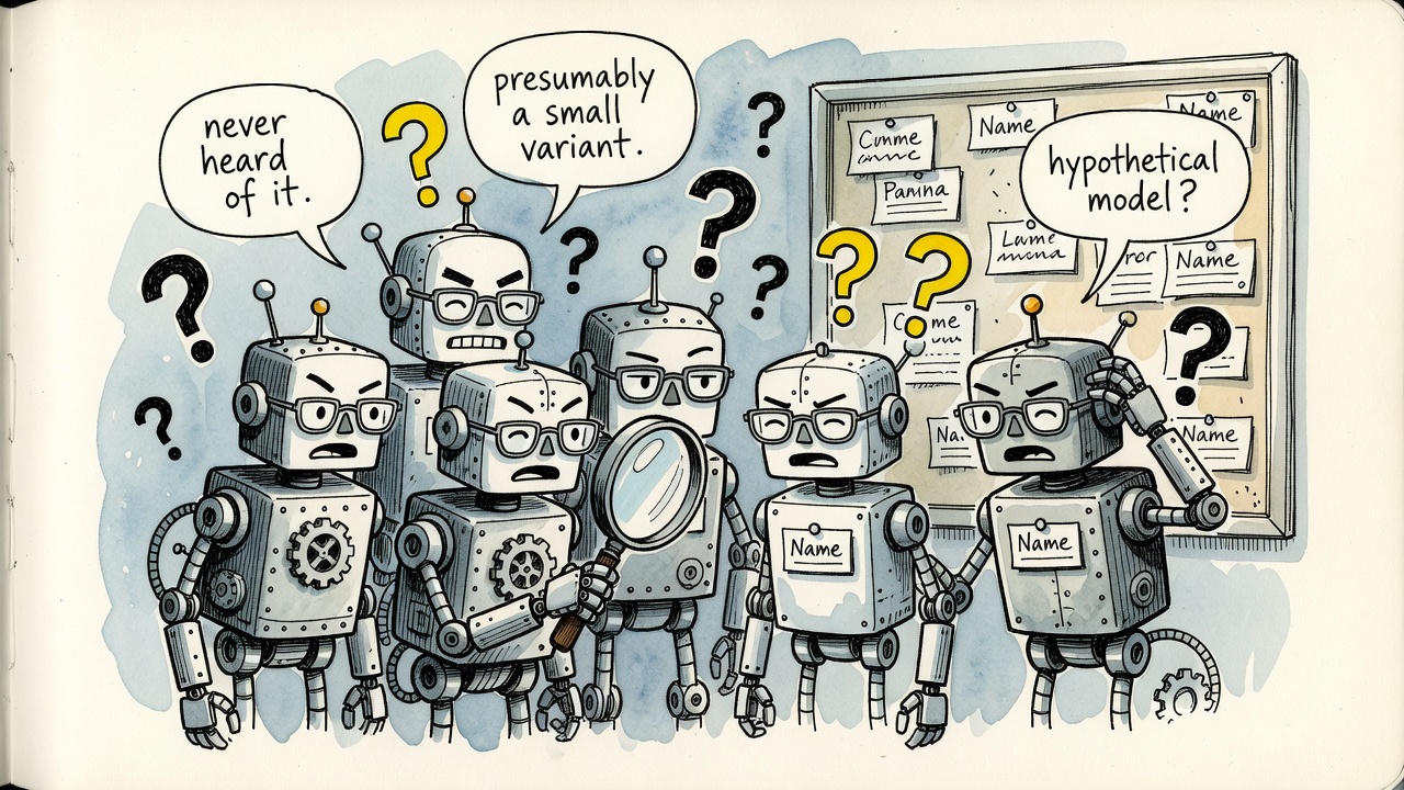 Doodled robots squinting through spectacles at a stranger robot's name-tag, question marks and speech bubbles floating around reading never heard of it and presumably a small variant