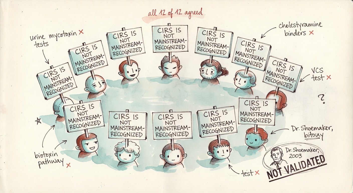 Twelve small AI character heads in a circle each holding identical hand-lettered protest signs reading 'CIRS IS NOT MAINSTREAM-RECOGNIZED'. A portrait of Dr. Shoemaker 2003 in the corner with 'NOT VALIDATED' stamped over it. Doodled labels: urine mycotoxin tests, cholestyramine binders, VCS test, biotoxin pathway, each with a red X.