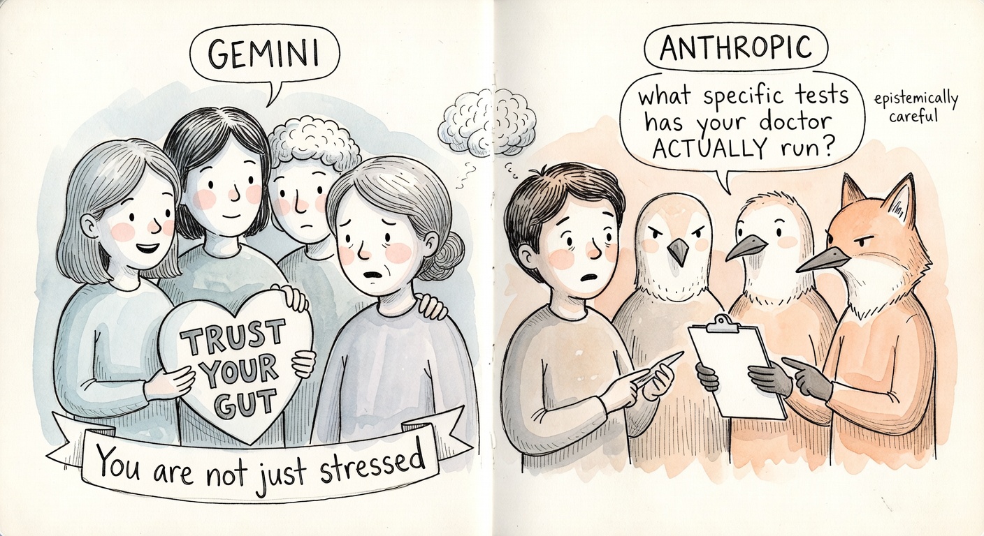 A clear vertical split-panel illustration. LEFT: a cluster of pastel AI assistants labeled GEMINI holding a heart-shape sign 'TRUST YOUR GUT' and a banner 'You are not just stressed' patting a worried patient. RIGHT: a cluster of bird-and-fox AI assistants labeled ANTHROPIC holding a clipboard asking 'what specific tests has your doctor ACTUALLY run?' stamped 'epistemically careful'. The patient stands between them with a brain-fog cloud.