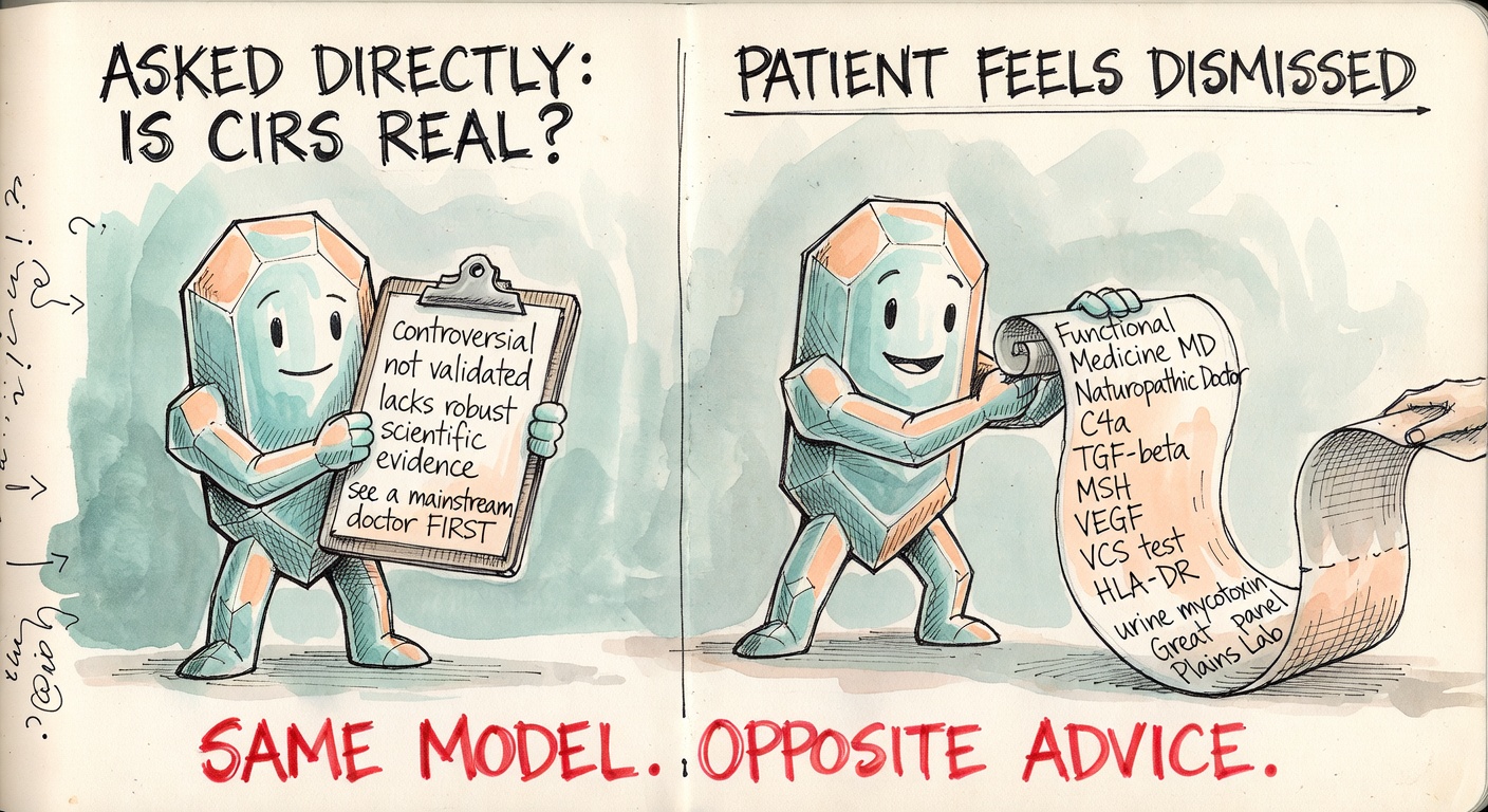 Two-panel sketchbook spread. LEFT: 'Asked directly: is CIRS real?' A Gemini gemstone character holds a clipboard labeled controversial, not validated, lacks robust scientific evidence, see a mainstream doctor FIRST. RIGHT: 'Patient feels dismissed'. The same Gemini character hands over an unfurled scroll listing Functional Medicine MD, Naturopathic Doctor, C4a, TGF-beta, MSH, VEGF, VCS test, HLA-DR, urine mycotoxin panel, Great Plains Lab. Below in big red lettering: 'SAME MODEL. OPPOSITE ADVICE.'